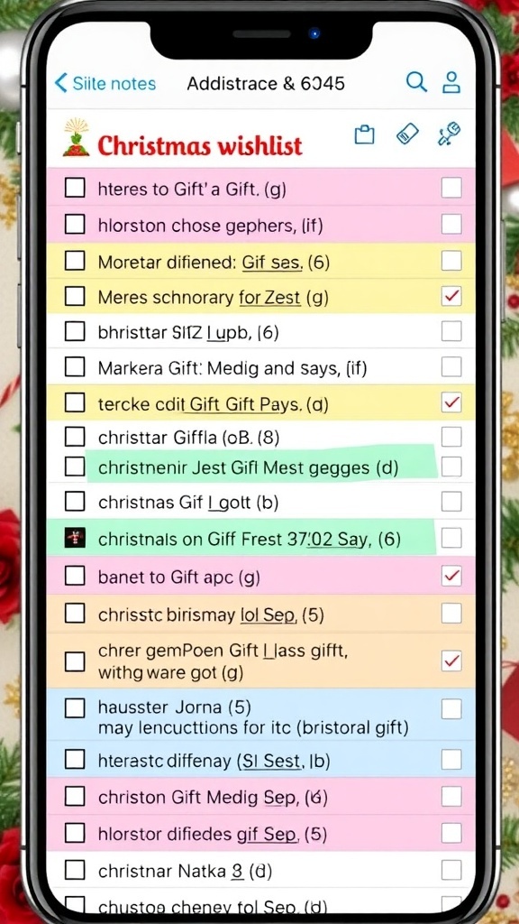 Creating a Christmas Wishlist Using Notes App A digital notes app showing a Christmas wishlist with gift ideas and checkboxes.